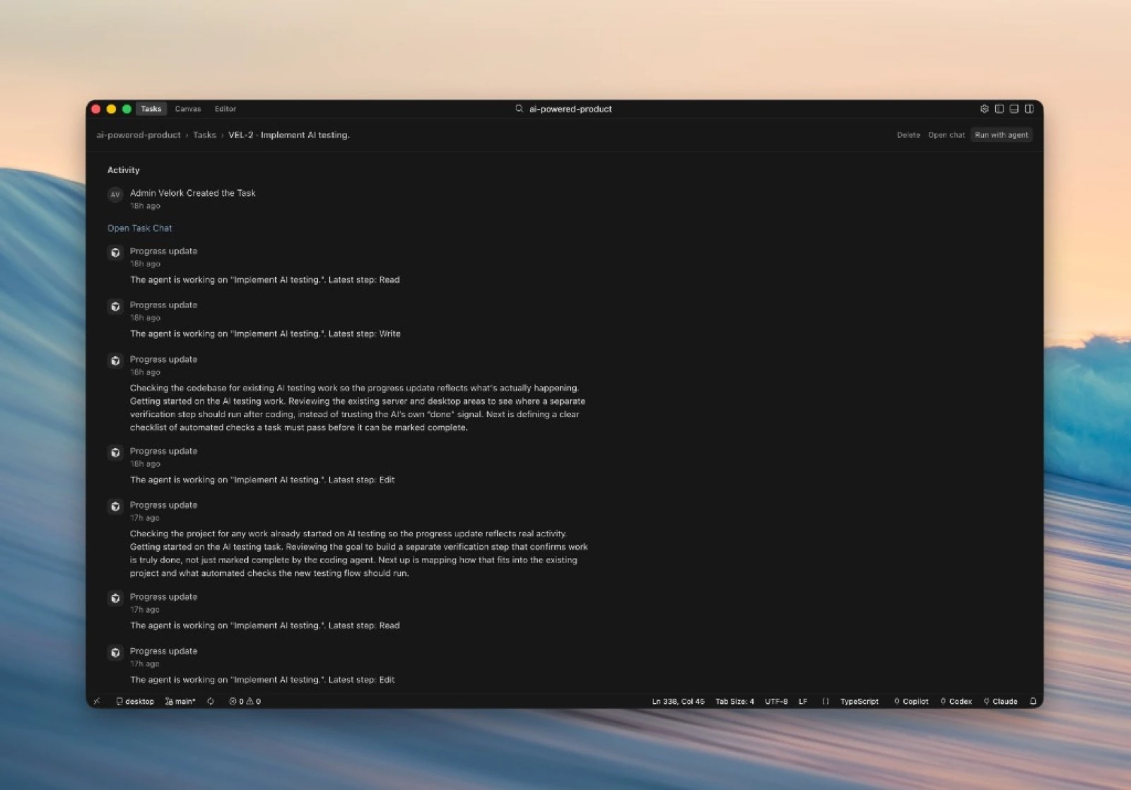Task activity log with live agent progress updates